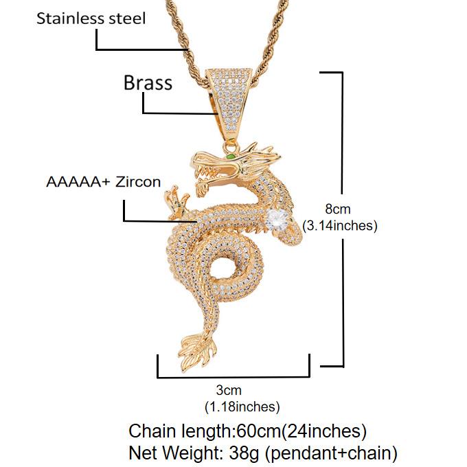 Hip Hop Zodiac Dragon Pendant Copper Inlaid Zircon Full Diamond Inlaid American High Street Men'S Twist Chain