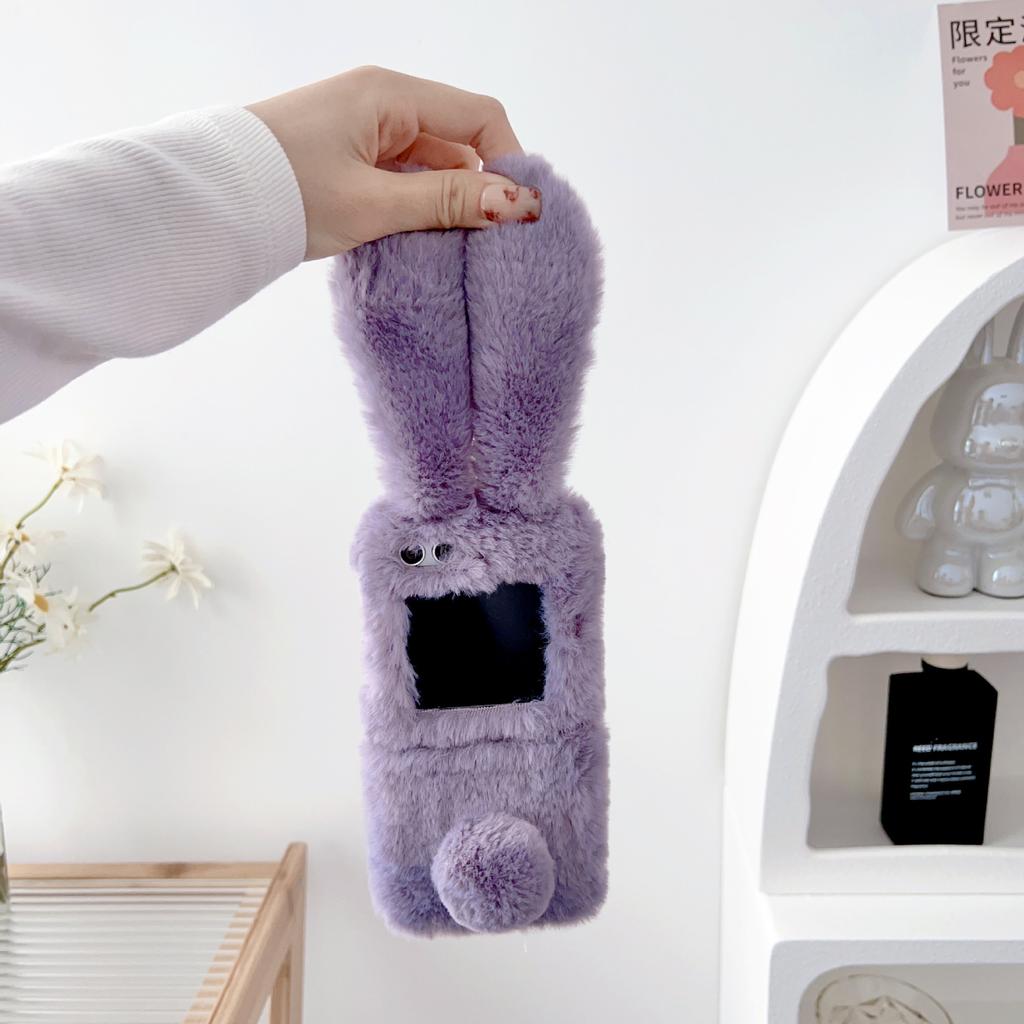 Phone Cases Samsung,Fluffy Furry Phone Case with Bunny Ears | Winter Plush Cover for Foldable Phones