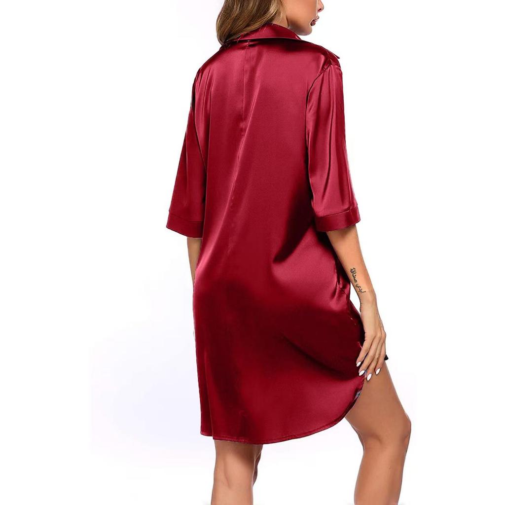 European & American Style Solid Color Silky Satin Women’s Long Pajama Shirt - Sexy, Comfortable, Skin-friendly.