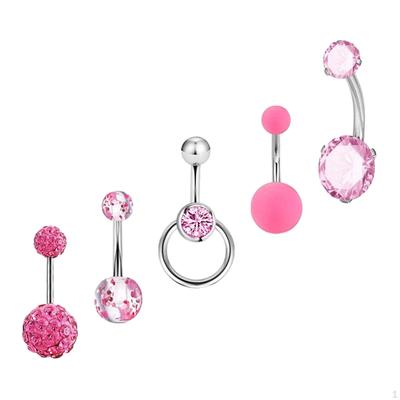 5 Pieces Belly Button Rings Navel Barbell 10mm Short Fashion Stainless Steel Zircon 1.6mm for Women