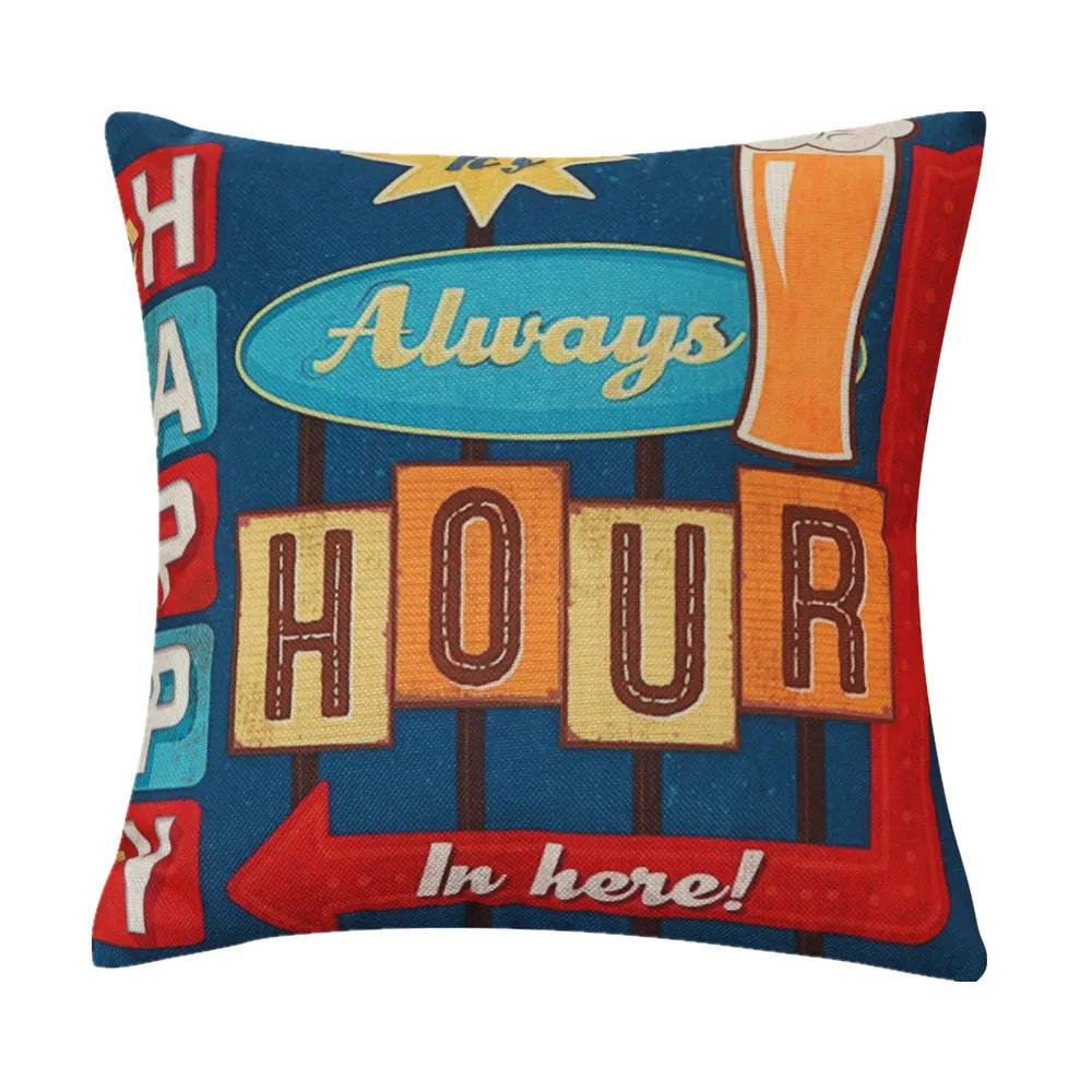45x45cm Vintage Beer Printed Cushion Cover Bar Coffee Shop Wine Party Sofa Chair Decor Cotton Linen Pillow Case