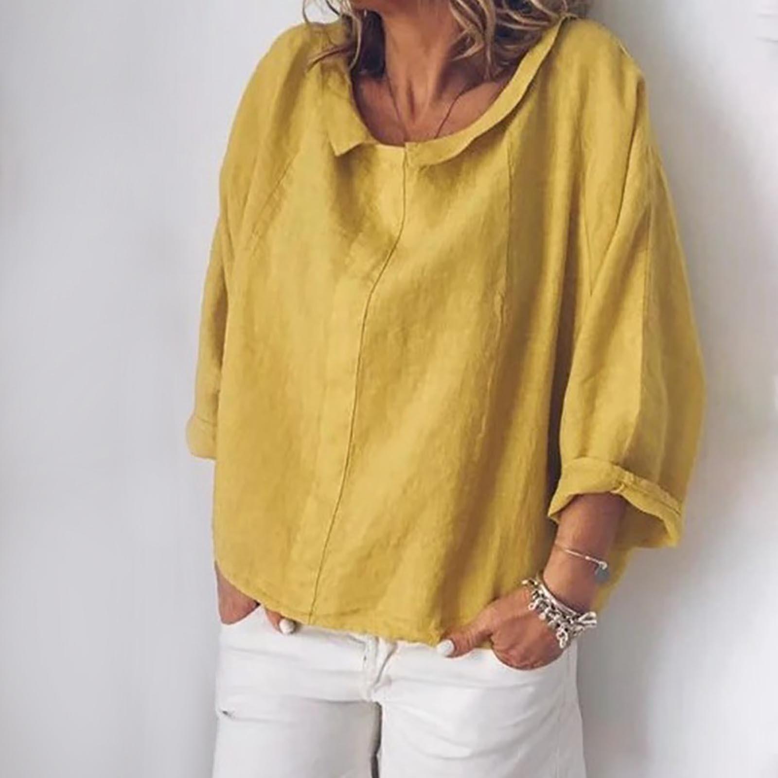 

Женская летняя повседневная однотонная блузка с длинным рукавом и отложным воротником XL жёлтый