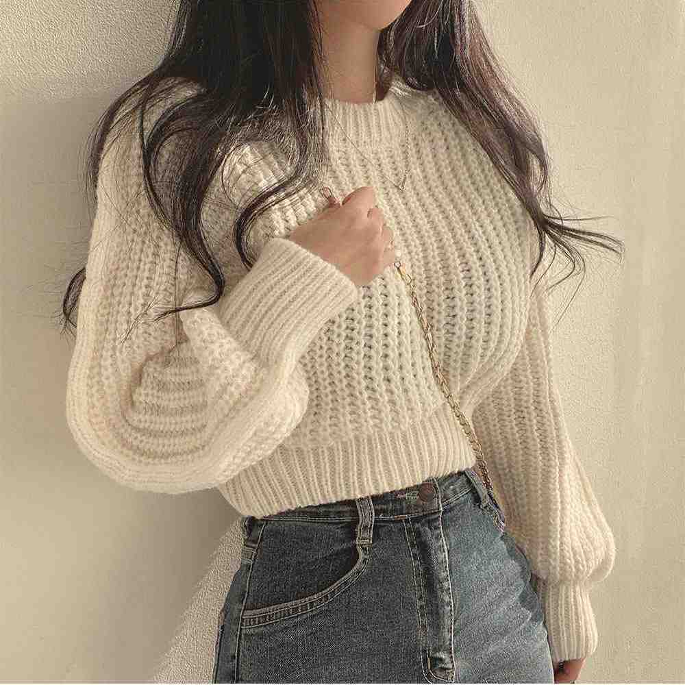 Loose Vintage Women's Sweater with Harajuku Flashlight Long Sleeves Korean Autumn Winter Knitwear Soft Warm Tops, Chic Solid Color Women's Sweater