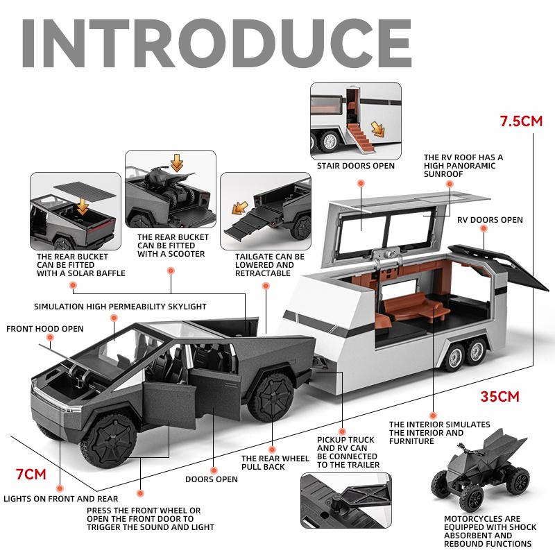 1/32 Scale Tesla Cyber Toys Off Road SUV Alloy Metal Diecast Model RV Sound Light Hobby Collection Display Decoration Boutique Gift with Boy