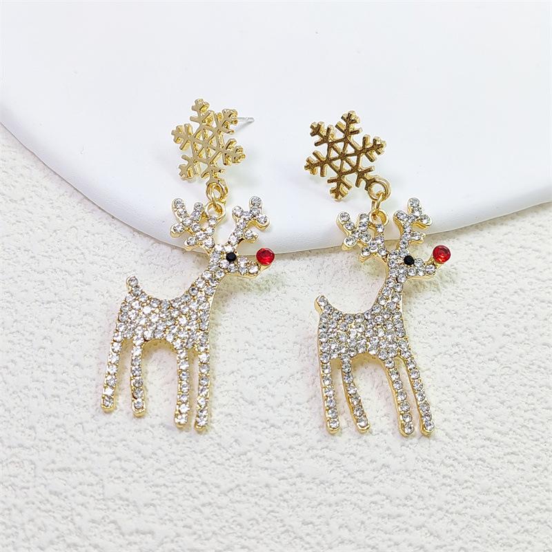 Weihnachts-Cartoon Voll Strass Rentier Schneeflocke Hängeohrringe Hängend Tier Hirsch Elch Ohrringe Geschenk für Frauen Männer Schmuck