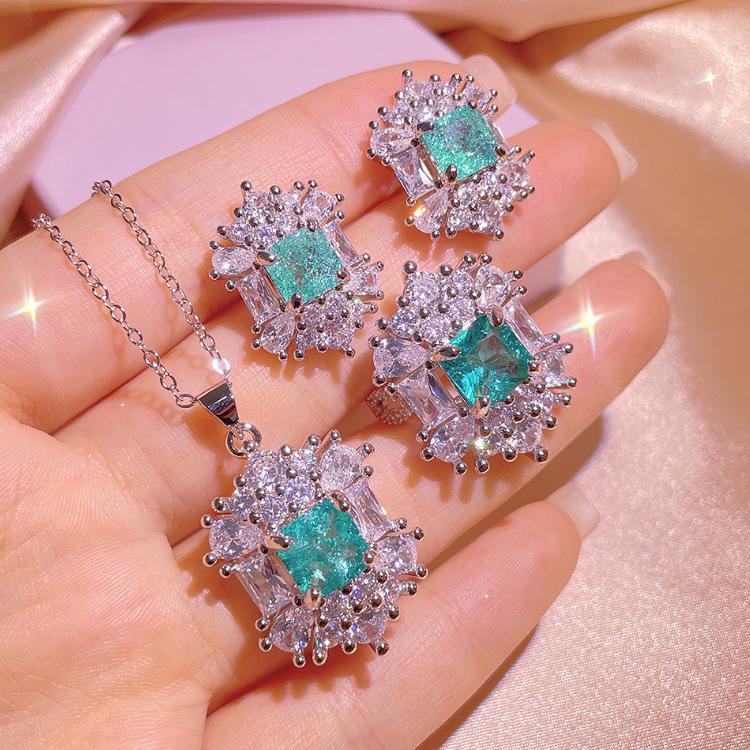 Jewelry Set European and N Square Stud Earrings with Flower Zircon Ring Set for Women