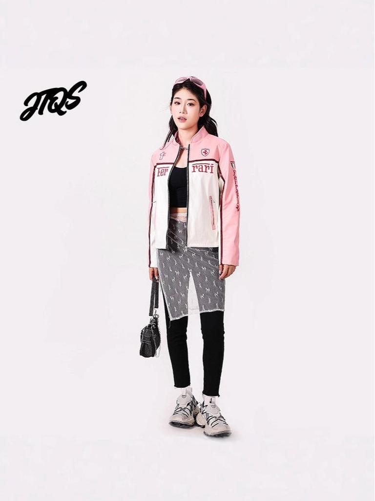 Women's Racing-Style PU Leather Motorcycle Jacket, Small Size - Trendy European and American Winter Outerwear