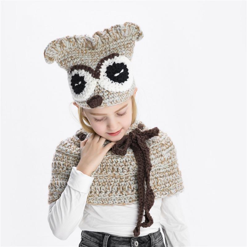 Autumn and winter children's hats, owls, scarves, two-piece sets, warm neck protectors, animal crochet wool hats