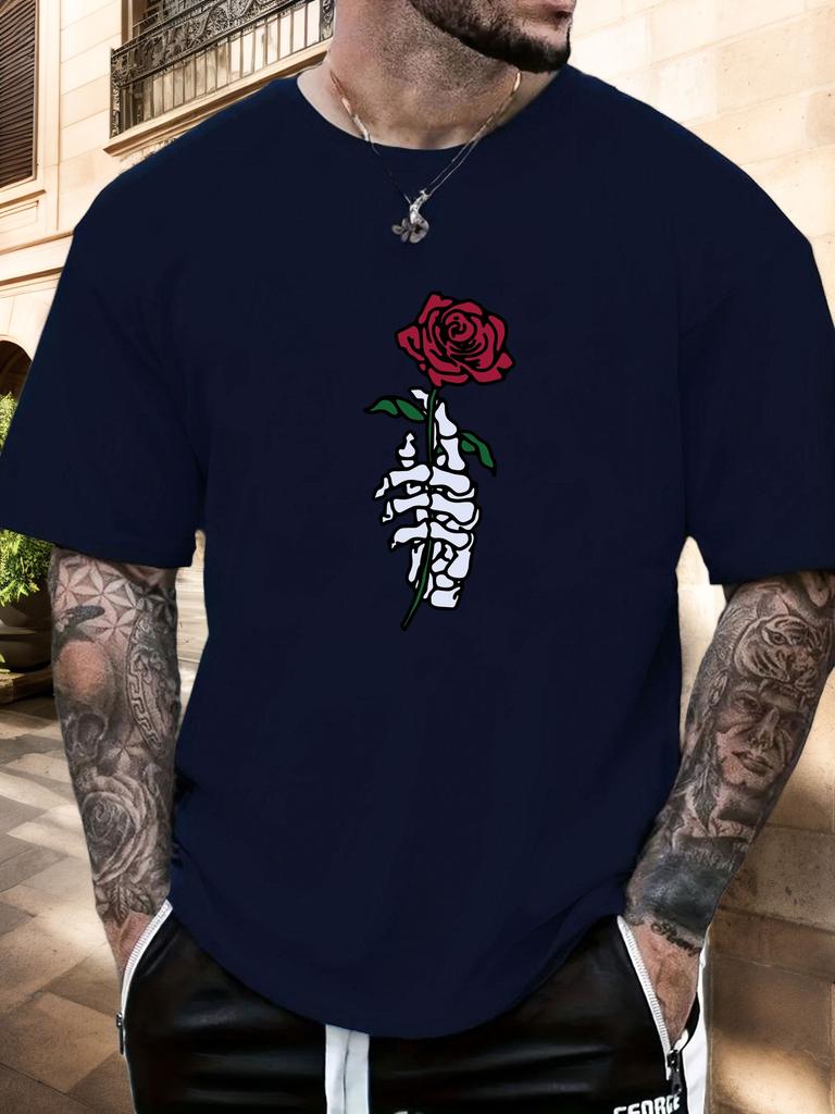 2025 Summer Essential Mens Tee Edgy Artistic Vintage Inspired Goth Skeleton Hand Rose Print 100 Cotton Short Sleeve Casual Top