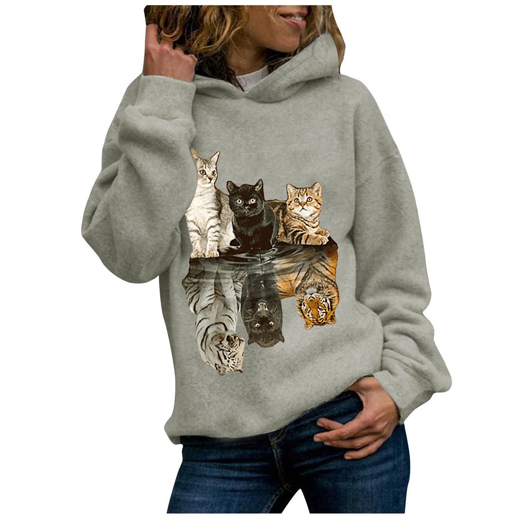 Women Hood  Cat Printing Long Sleeves Pullover Blouses Sweatshirt Tops