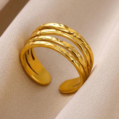 Stainless Steel Multi-Layer Hollow Ring For Women Men Gold Color Broad Finger Ring Jewelry Anillos Couple Wedding Aesthetic Gift