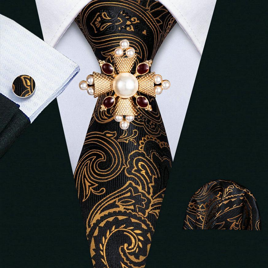 16 Styles Tie with Pearl Brooch for Men Paisley Woven Necktie Hanky Cufflinks Set Wedding Formal