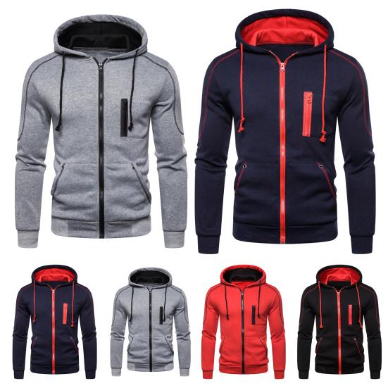 Contrast Colors Hoodie Coat Cardigan Thick Casual Long Sleeve Zipper Men Coat for Daily Wear