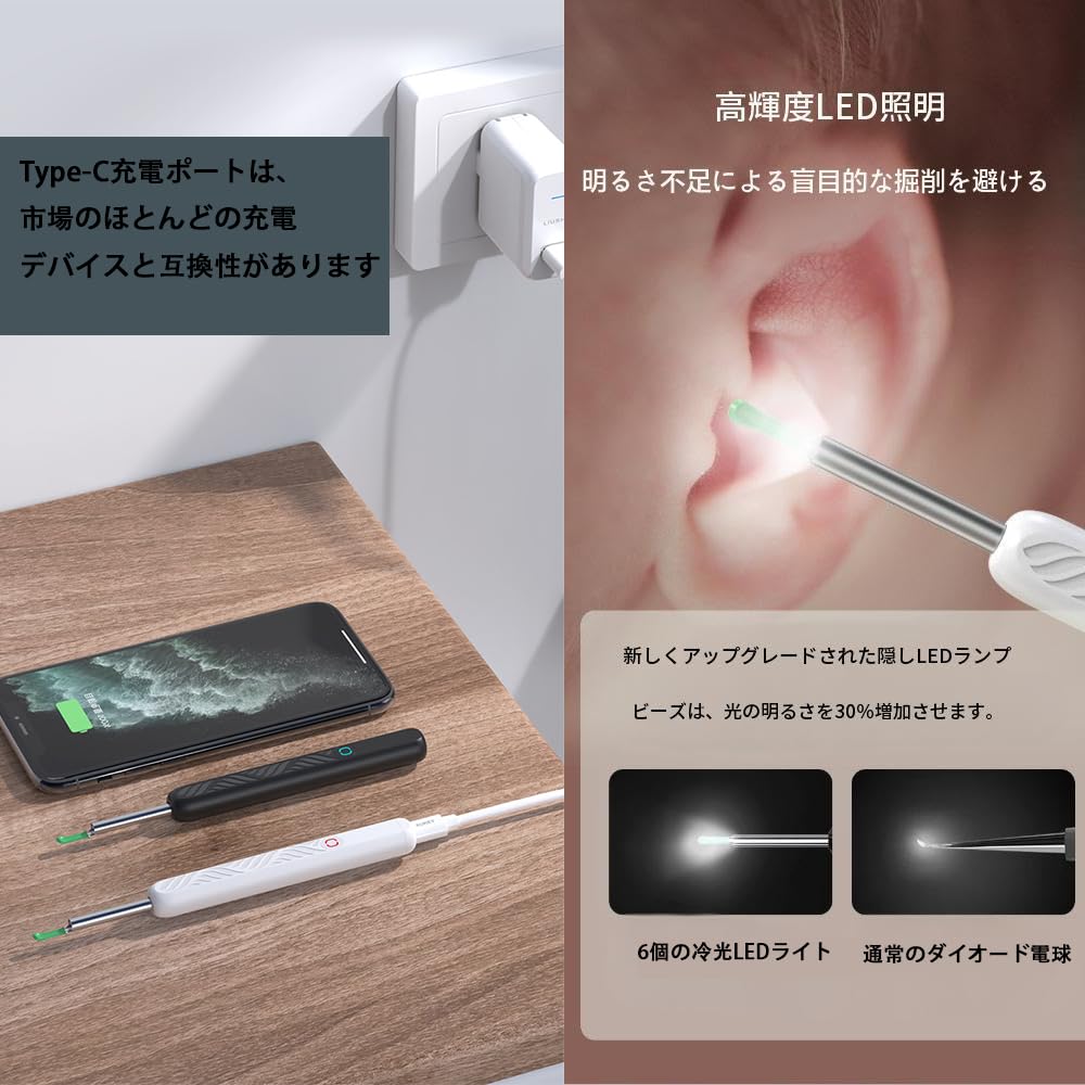 Camera pentru curățat urechile caracteristici pentru 2025 lentilă de 15 milioane de pixeli cu praf IP67 impermeabil curățător de urechi cu 6 LED-uri wireless ușor de ureche WIFI dedicat compatibil