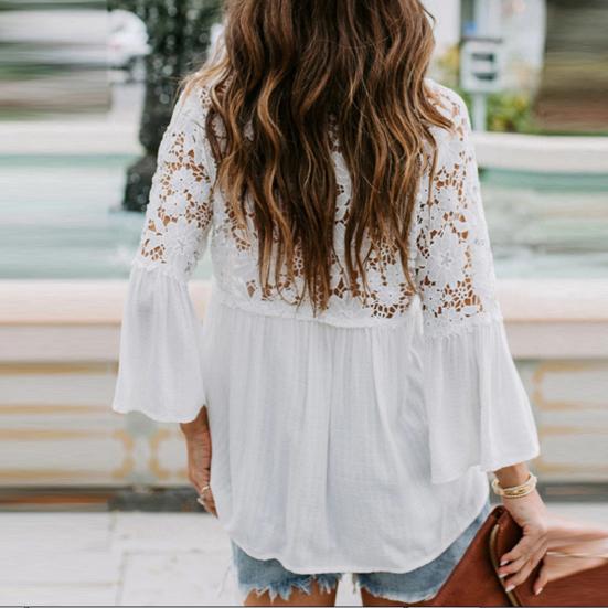 Bluse Große Größe Hülse Hohl Einfarbig Ausgestelltes Einreiher Frauen Heraus Spitze Nähte Lose Shirt Top