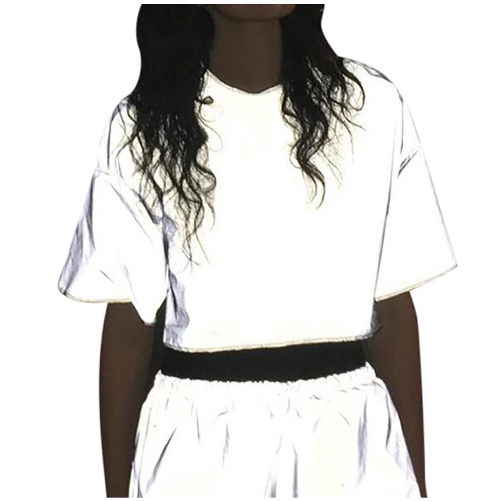 

Womens Fashion Reflective Solid Casual T-Shirts Short Sleeve Sexy Tops серебряный