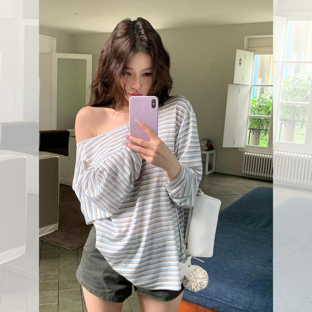 Back hollow striped sunscreen long-sleeved T-shirt women's summer lazy relaxation with loose thin top