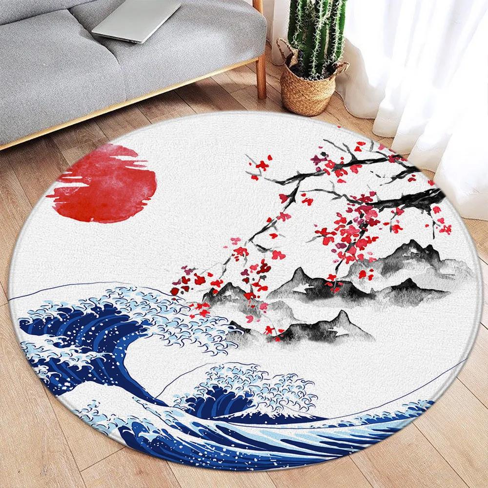 Round Rug – Koi Lotus Cherry Blossom Ink Art Carpet for Living Room Bedroom Home Decor