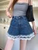 Women's High-Waisted Lace Patchwork Denim A-Line Mini Skirt - 2025 Summer Slimming Layered Design