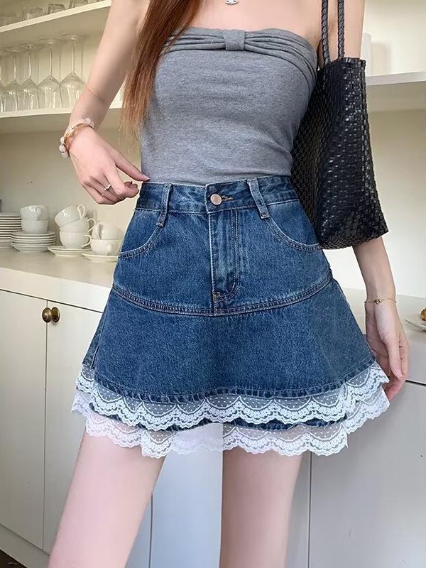 Women's High-Waisted Lace Patchwork Denim A-Line Mini Skirt - 2025 Summer Slimming Layered Design