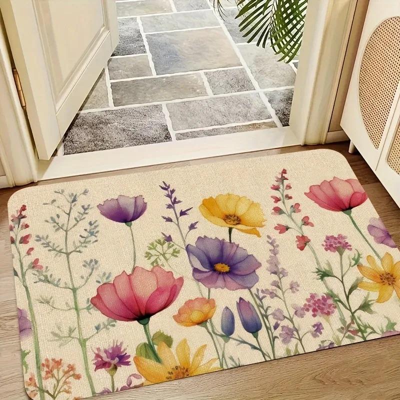 1PC Wildflowers Pattern Door Mats Kitchen Rugs Non-Slip Pop Design Bathroom Rugs Bath Mat Carpet for Home Sink Laundry Decor