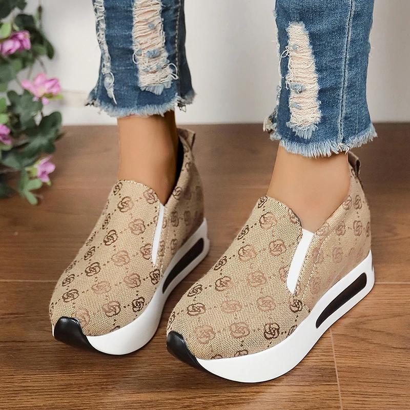Fashion Fashion Flower Print Women Thick Sole Sneakers Spring Outdoor Platform Women''s Vulcanize Shoes Light Slip-On Woman Single Shoes