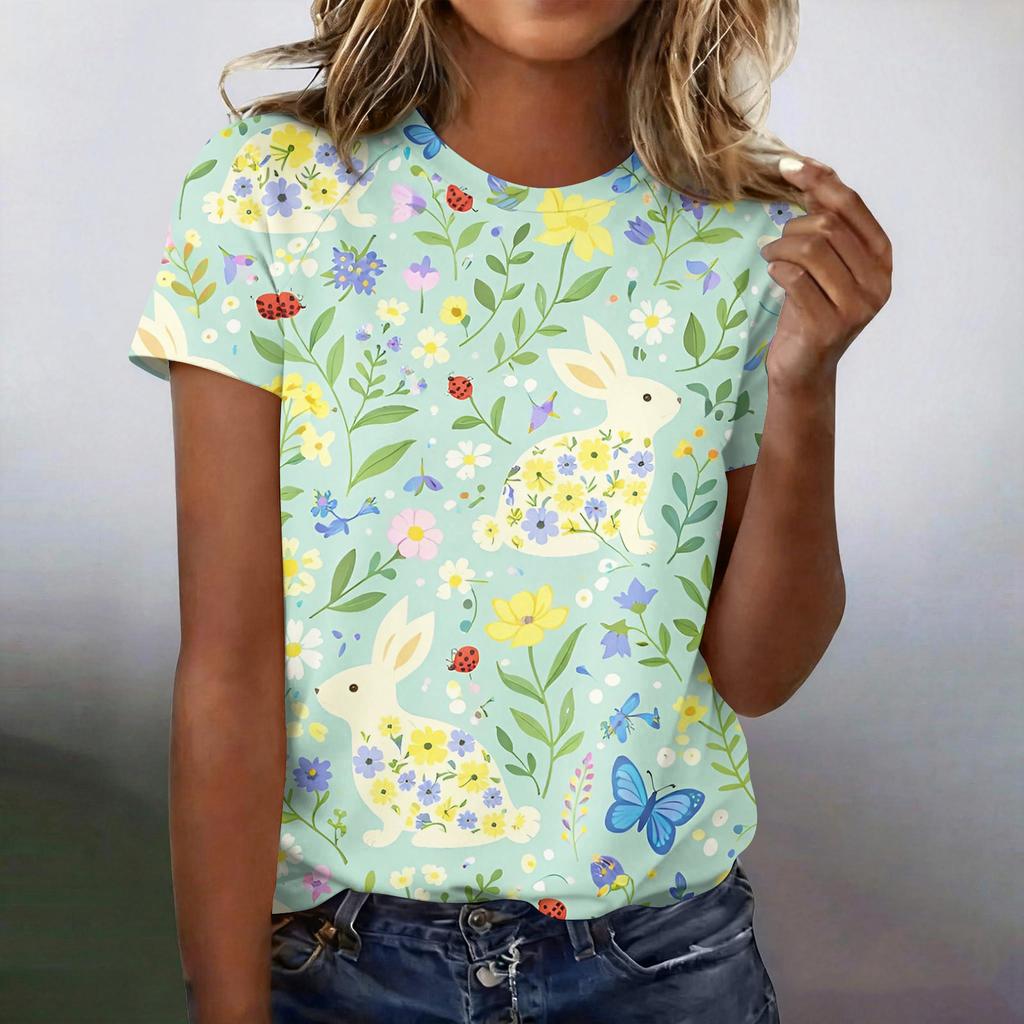 Women's Fashionable Casual Short-Sleeved Raglan Sleeve Easter Print T-Shirt Top