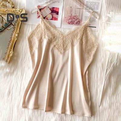 Women Vest Lace Patchwork Solid Color Sleeveless Backless Spaghetti Strap V Neck Silky Soft Casual Soft Women Camisole Top