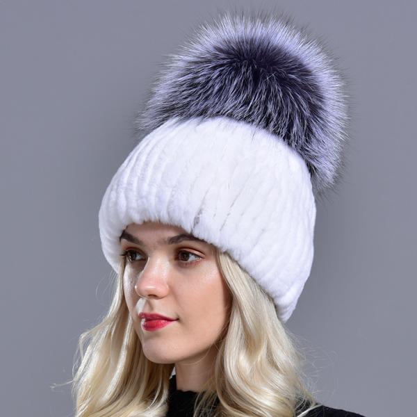 Women Winter Fur Hats Natural Rex Rabbit Fur Pompom Knitted Warm Elastic Fashionable Fluffy Thick Outdoor Genuine Real Fur Hat