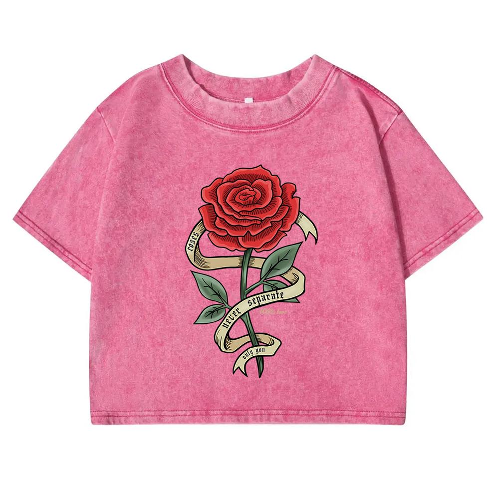 Red Roses Wrapped In Ribbons Prints T-Shirt Female Washed Retro New T Shirts Cotton Street Casual Clothing Women