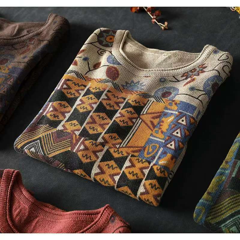 Vintage Printing Patchwork Sweater for Women Winter Fall Fashion O-neck Long Sleeve Loose Casual Pullover Knitting Pullover Tops