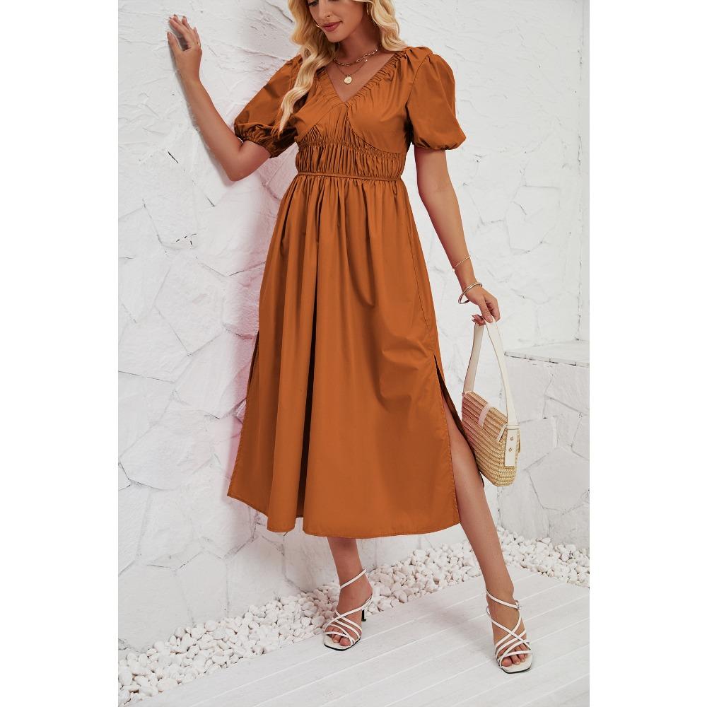 

Повседневное праздничное платье со свободной талией и v-образным вырезом с короткими рукавами для женщин XL коричневый