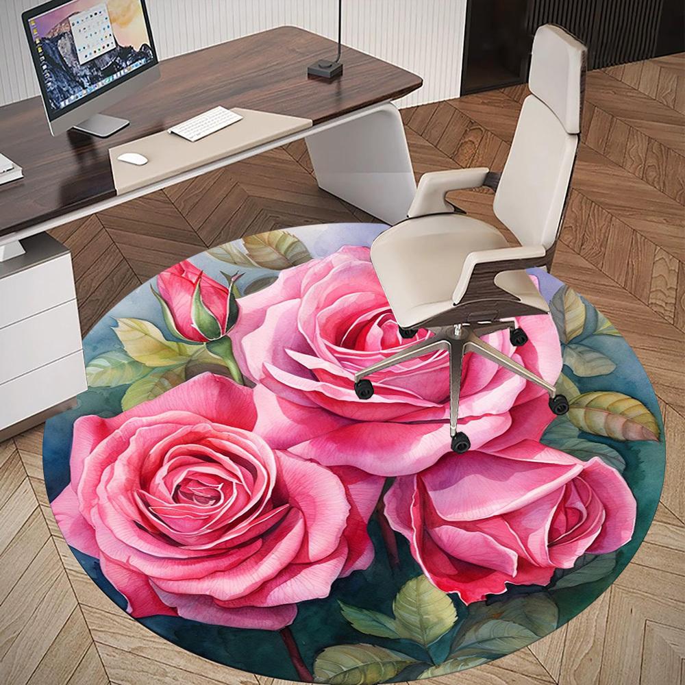1pc Rose Flower Round Chair mat office Area Rug - Non-Slip, Floor Mat for Office, Bedroom, Ideal home decor gift c0112008
