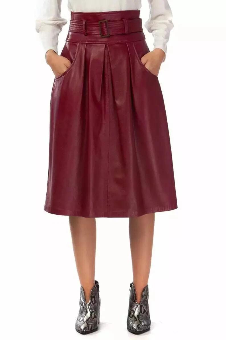 

Бургундская женская формальная дизайнерская юбка из натуральной кожи ягненка с поясом и карманом, повседневная для вечеринок 3XL бордовый