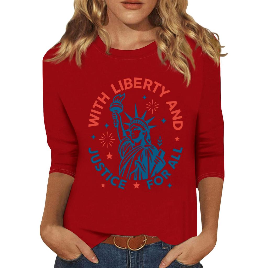 Women's Fashionable Casual Three-Quarter Sleeve 250th Anniversary Independence Day Print Neck Sweater