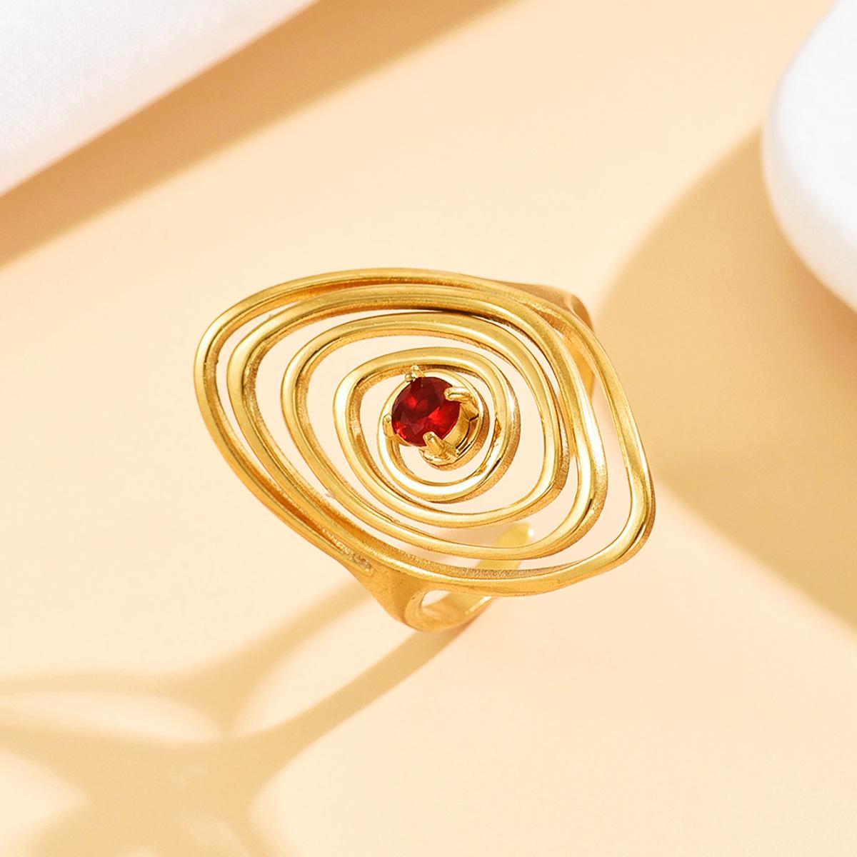 Retro French-Style Geometric Spiral Stainless Steel Ring with Colored Cubic Zirconia.