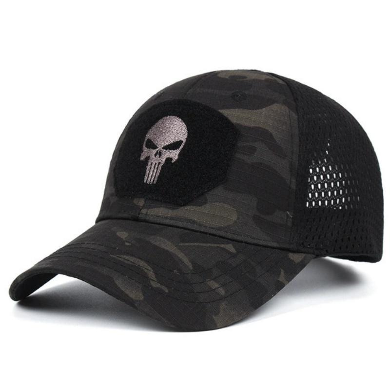 New Summer Camouflage Skull Baseball Mesh Cap Adjustable Airsoft Outdoor Tactical Hiking Casquette Hats For Men Women