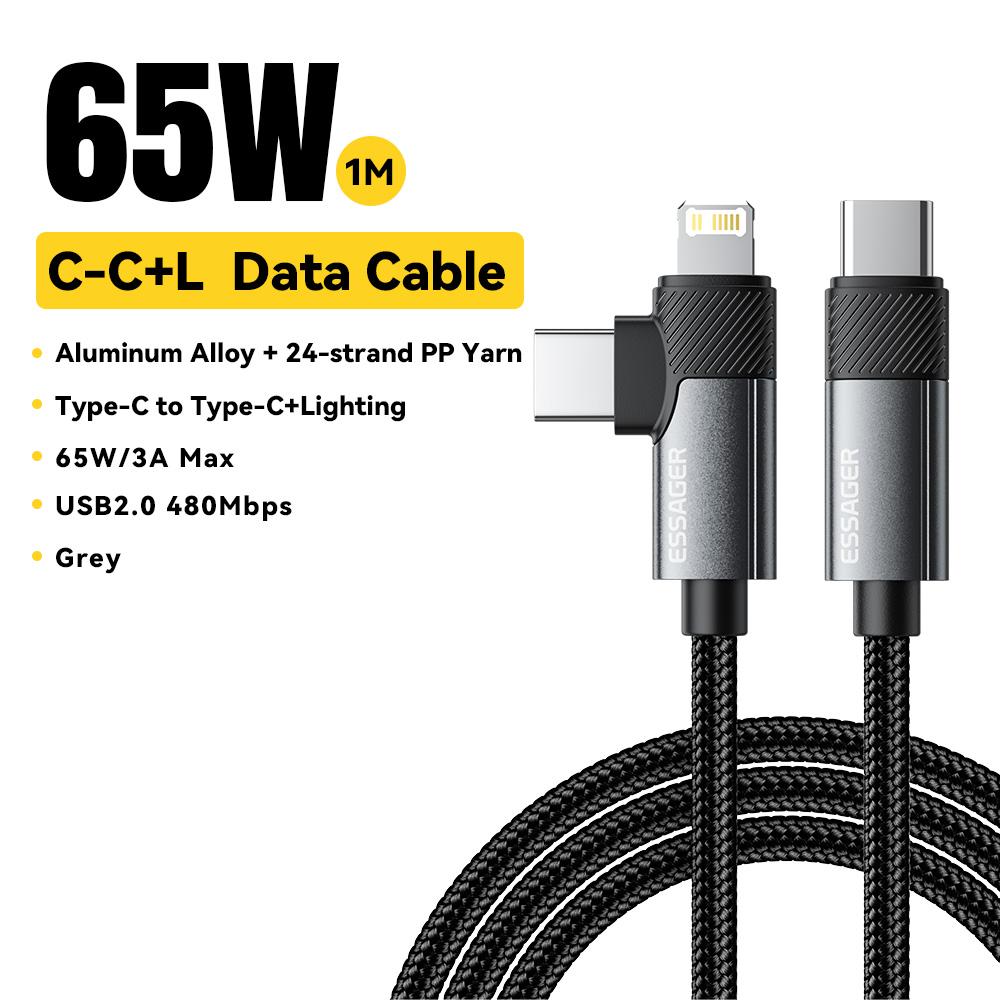 

Essager PD 65W Max 2 in 1 Type C to Type C and Lightning For Samsung Xiaomi IPhone 14 13 12 11 Pro Max Xs Plus Data Cable 1m
