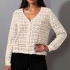 Women's Loose V-neck Hollow Out Versatile Knitted Long Sleeved Cardigan Top