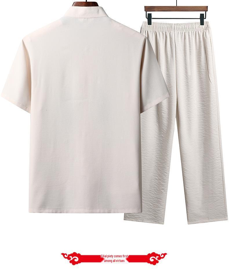 Men's Summer Ice Silk Tang Suit: Thin Retro Hanfu Set with Frog Button Embroidery for Middle-Aged and Elderly.