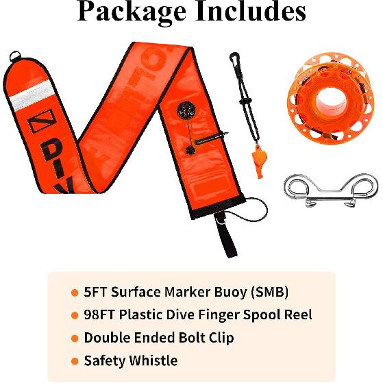 5ft Scuba Diving Surface Marker Buoy (SMB), Safety Sausage with Plastic 98ft Finger Spool Reel and Double Ended Hook Clip + Emergency Whistle for