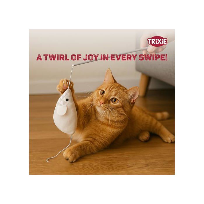 Canne à jouer pour chat - TRIXIE - Souris en peluche - Herbe à chat - Bâton flexible - 46 cm - Gris - Jouet interactif