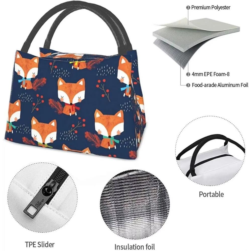 Portable Insulated Lunch Bag Cute Cartoon Fox Waterproof Tote Bento Bag for Women Kids Office School Hiking Beach Picnic Fishing