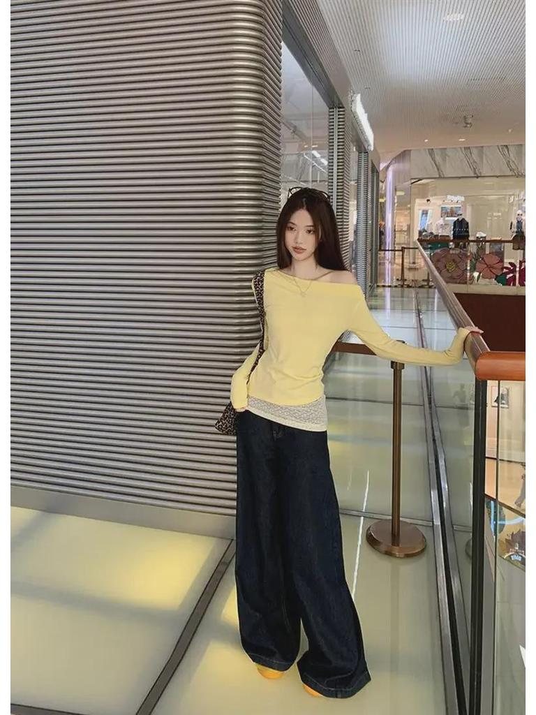 Gelbes schulterfreies, zweiteiliges, schmales Langarm-Top mit Spitzennähten für Damen – Herbstmode