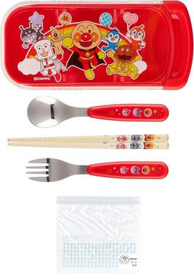 Anpanman Trio Set Hůlky Lžíce Vidlička Bento Pouzdro na hůlky Hůlky Posuvný typ Antibakteriální Červená Sada Mraznička (Trio set, taška)