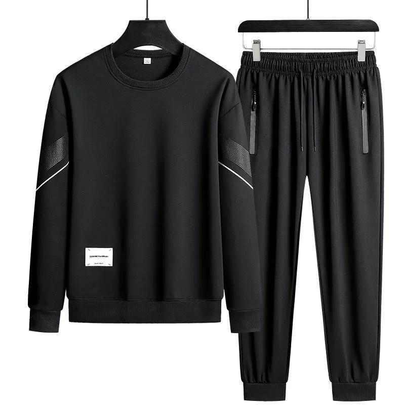 

Мужской спортивный костюм больших размеров на весну и осень, длинное пальто с круглым вырезом и длинные брюки, комплект из двух предметов XL чёрный