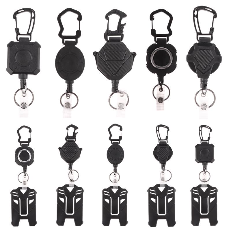 Retractable Badge Holder Heavy Duty Badge Clip Carabiner Keychain ID Card Holder Outdoor Steel Wire Rope Buckle Spring Keyring