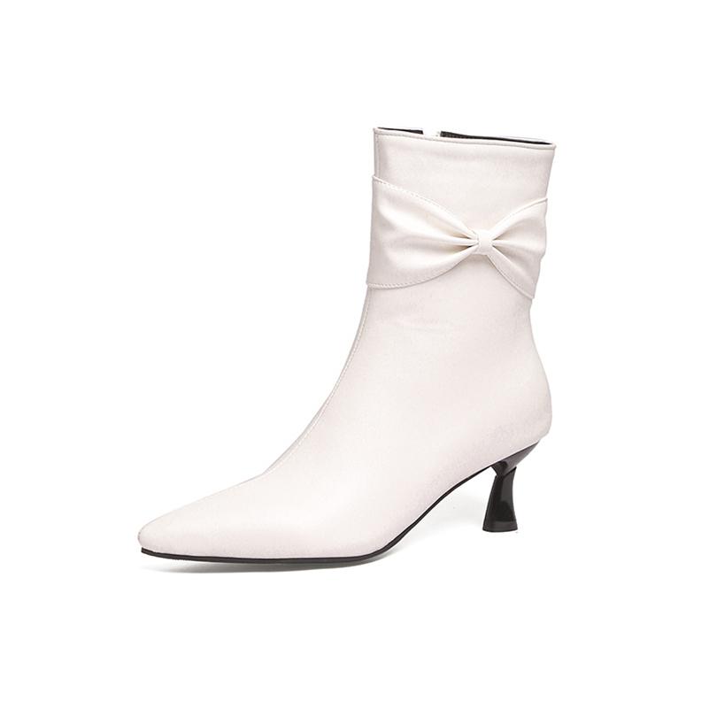 FOREADA Women Ankle Boots Pointed Toe Thin High Heels Pleated Zipper Short Boots Ladies Fashion Shoes Autumn Winter Almond 46