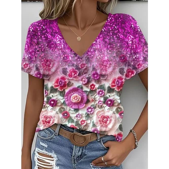 Summer V-neck 3D Flower Themed Pattern Printed Top Fashionable Casual Short Sleeved Women's T-shirts