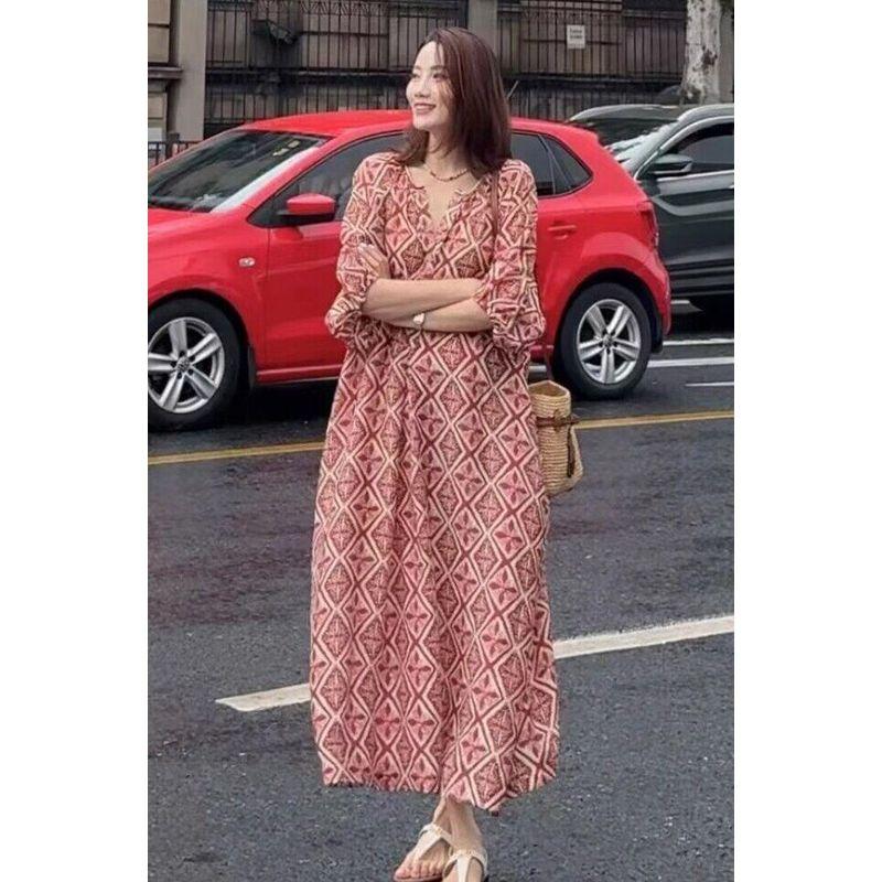 Plus-Size Summer High-End Red Casual Elegant V-Neck Dress, Loose Fit, Slimming, Holiday Style Long Dress Red Dress 3XL(80-95kg Suggestions)